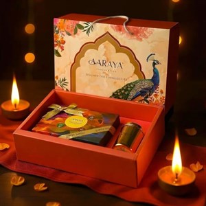 AARAYA® Exclusive Diwali Chocolate & Candle Gift Box – Peacock Pink Series