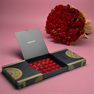 AARAYA® Luxury Noir Valentine’s Heart Chocolates & Red Roses